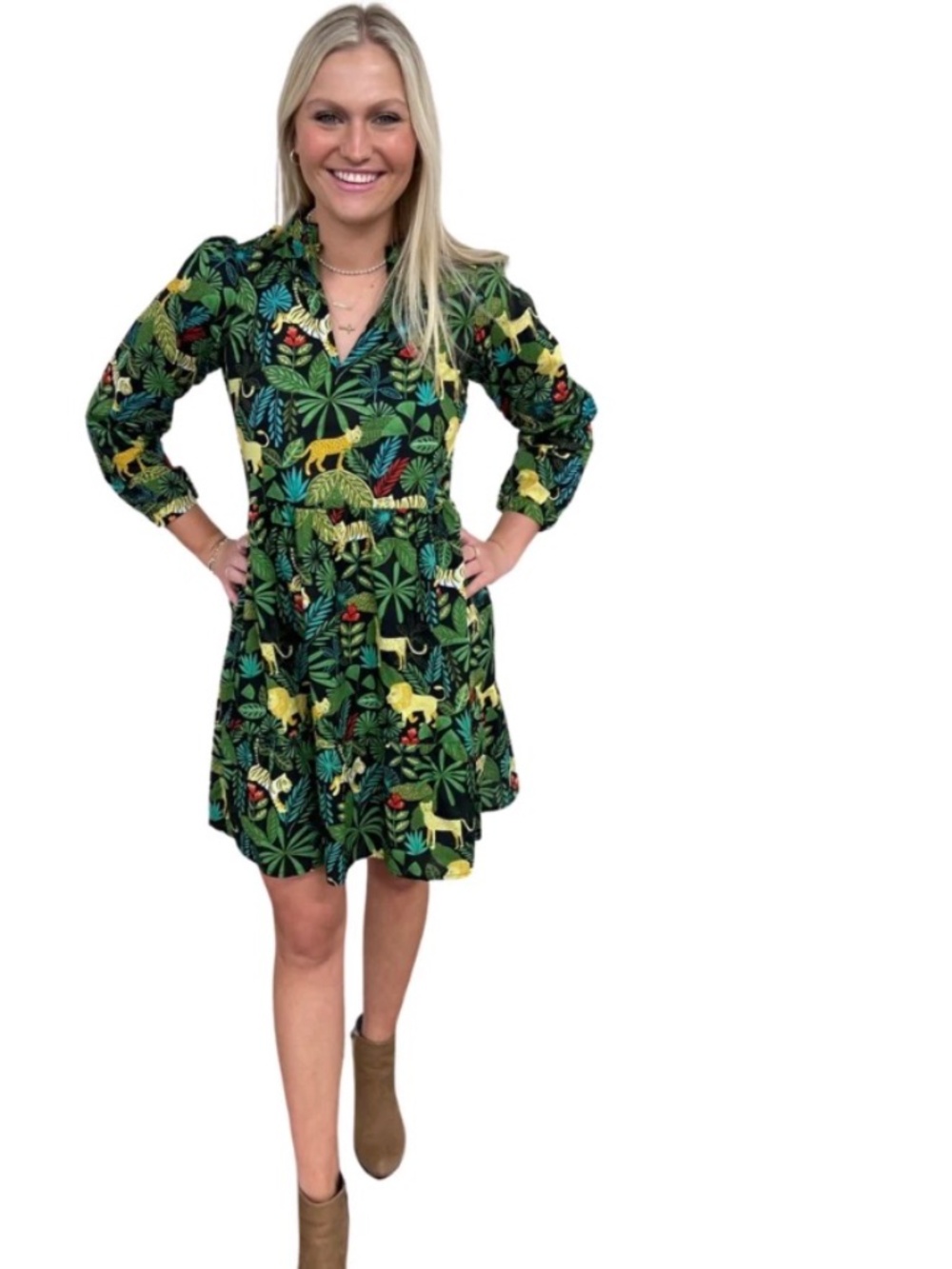 LIZA BYRD Tinley Jungle Print Dress in Black and Green, NWT